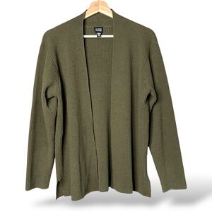 EILEEN FISHER 100% Wool Vintage Rib Knit Open Front Cardigan Army Green Sz M